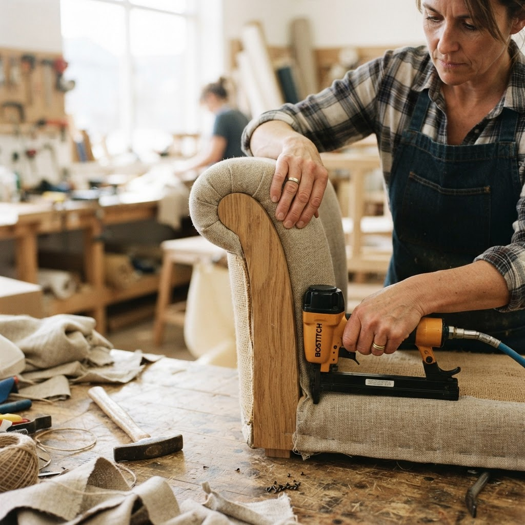 A craftsperson upholstering a sofa in the GrowGenius workshop