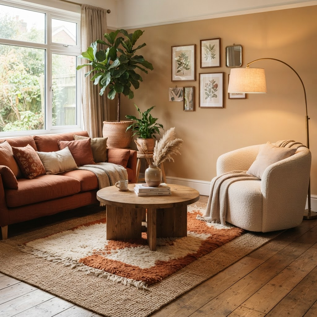 Styled living room corner with a terracotta sofa and warm decor